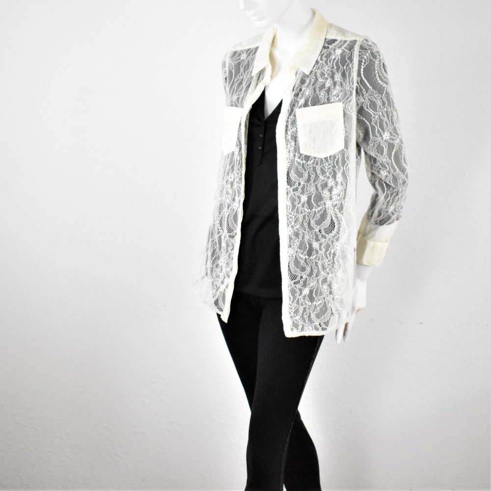 Guess Sheer Lace Button Down Blouse Medium